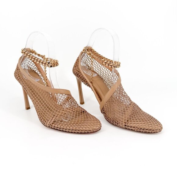 Bottega Veneta Trim Mesh Chain Fishnet Heel Sandals Beige Leather Size 39 US 9 - Picture 1 of 13